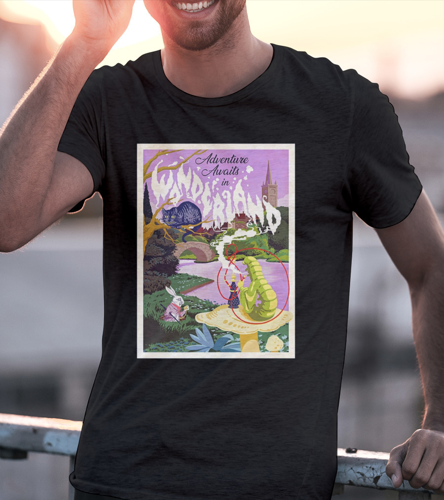 Adventure Awaits In Wonderland Cheshire Cat And Caterpillar Scene T-Shirt