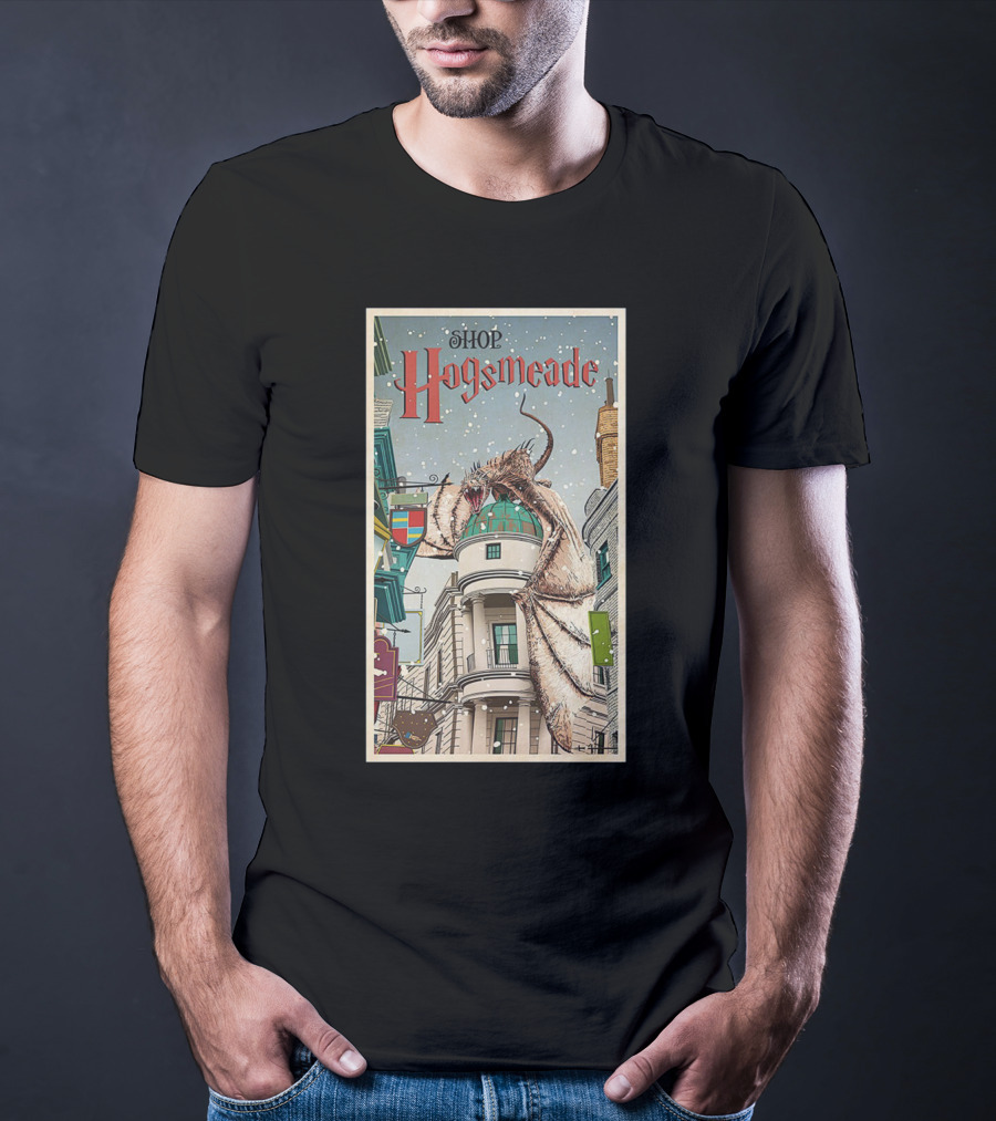 Hogsmeade Shopping Adventure With Snowy Streets And Dragon-Guarded Shops T-Shirt