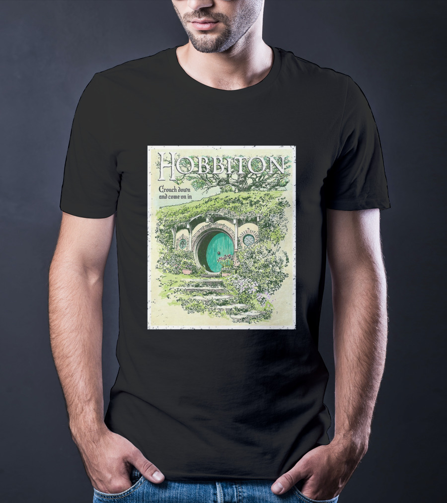 Hobbiton Crouch Down And Come On In With Illustrated Green Door And Garden Path T-Shirt