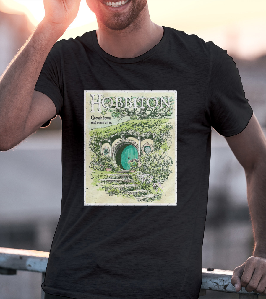 Hobbiton Crouch Down And Come On In With Illustrated Green Door And Garden Path T-Shirt