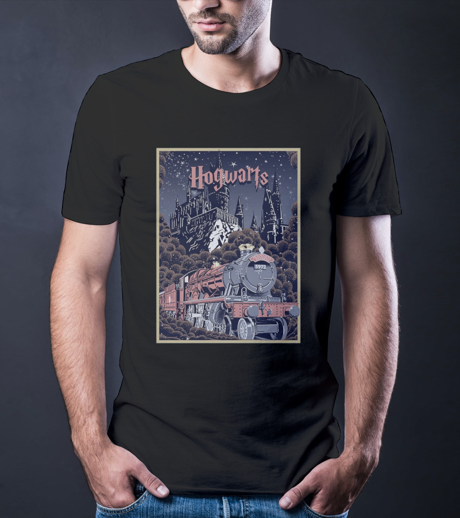 Hogwarts Castle And Express Train Journey In Magical Night Scene T-Shirt