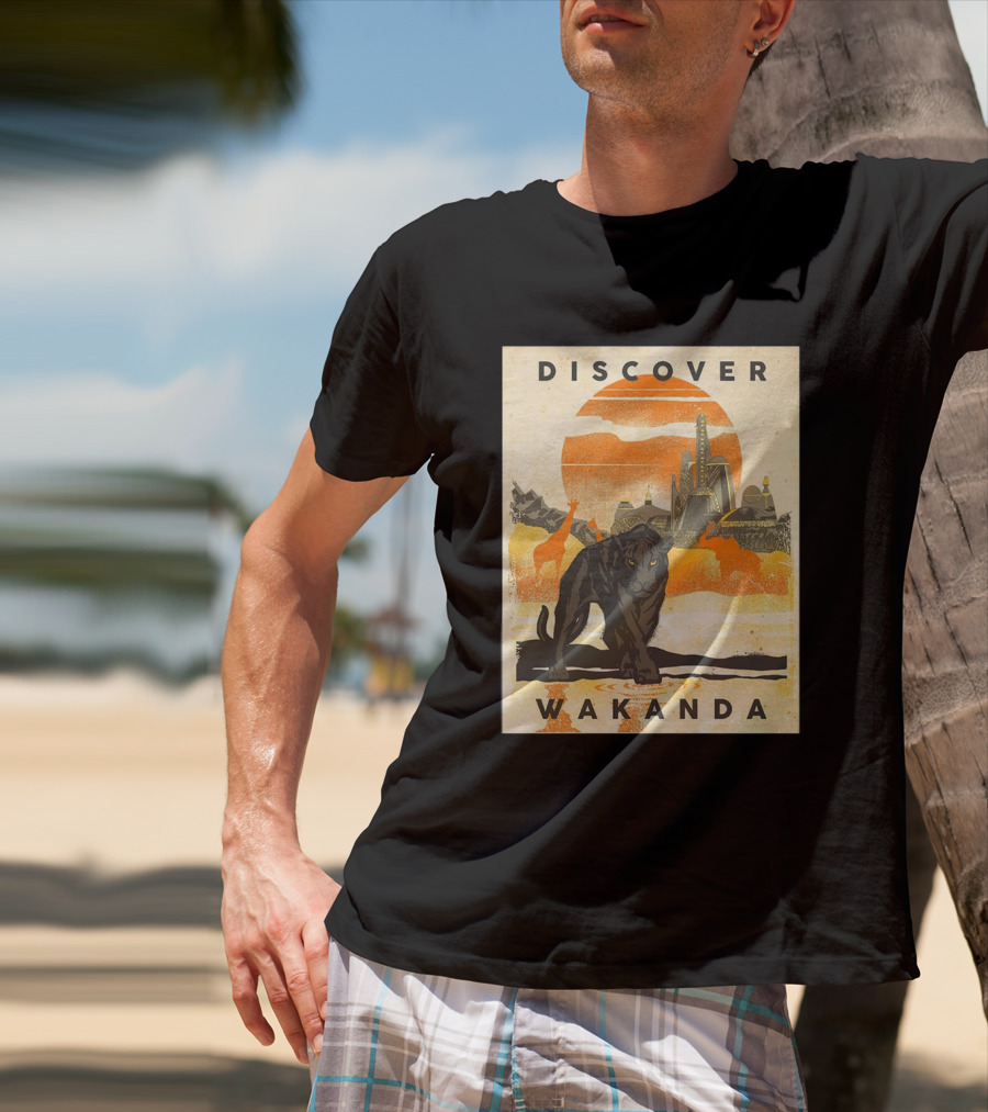 Discover Wakanda Panther And Futuristic Cityscape With Sunset T-Shirt