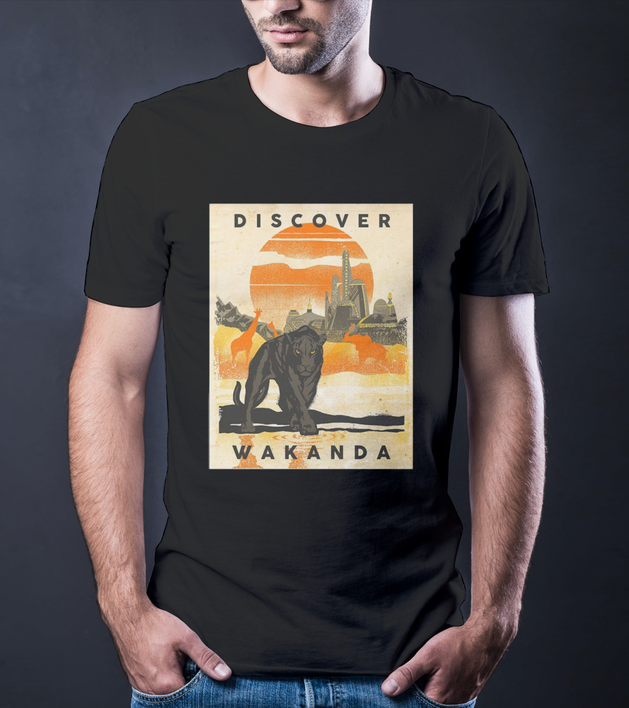 Discover Wakanda Panther And Futuristic Cityscape With Sunset T-Shirt