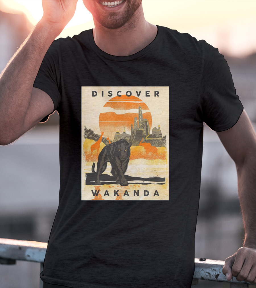 Discover Wakanda Panther And Futuristic Cityscape With Sunset T-Shirt