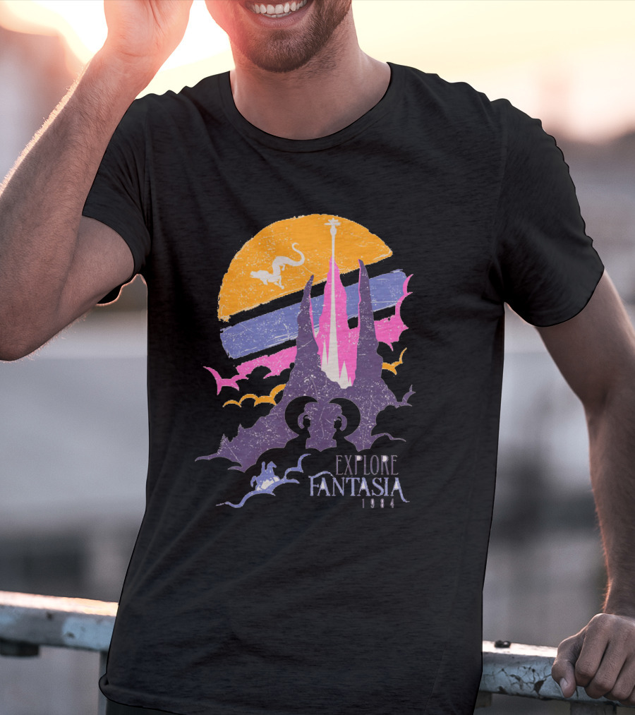 Explore Fantasia 1984 Vintage Adventure Sunset Magic Realms T-Shirt