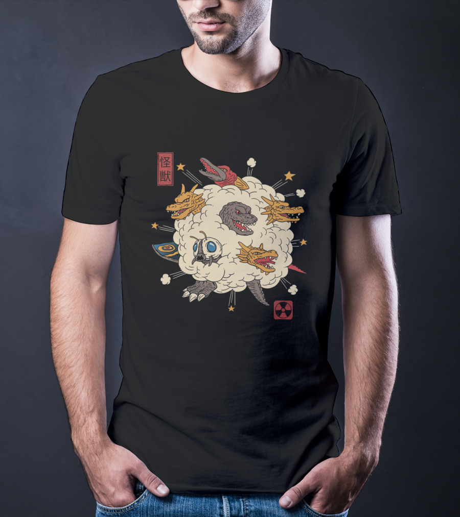 Kaiju Rumble Monster Battle Scene With Nuclear Symbol And Japanese Characters T-Shirt