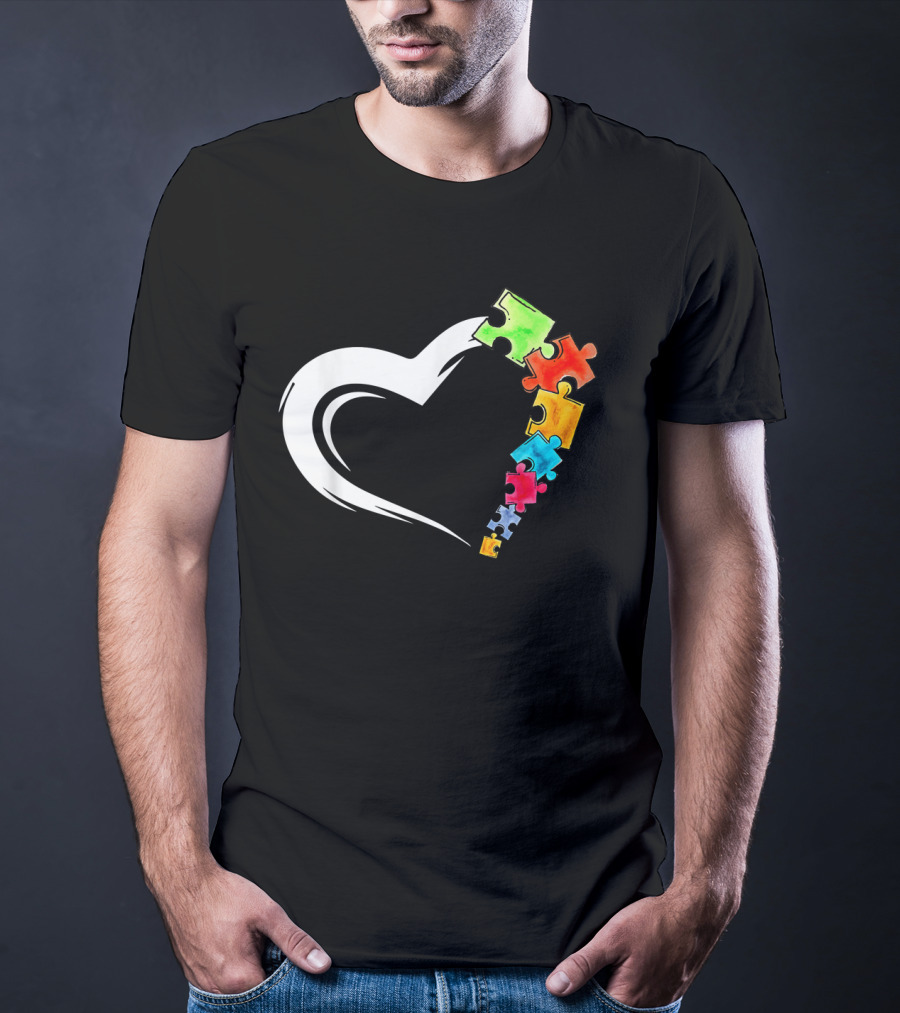 Autism Awareness Heart And Colorful Puzzle Pieces Love Kind T-Shirt
