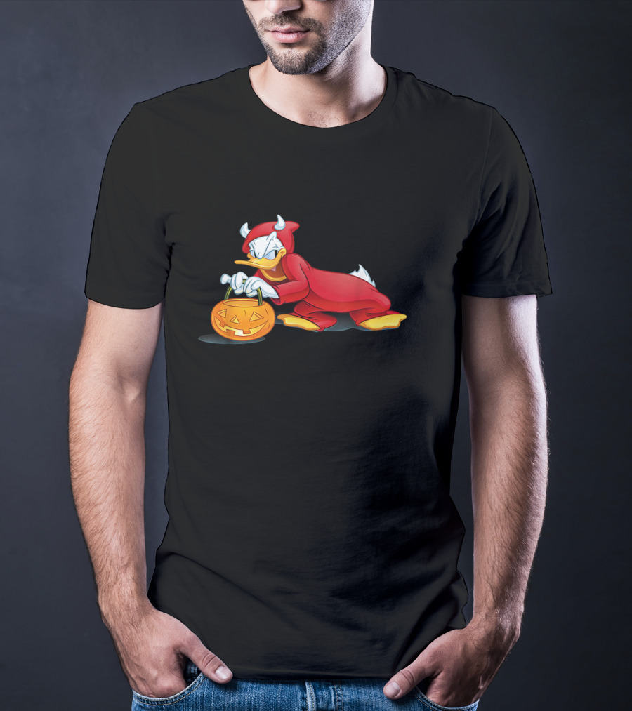 Donald Duck Devil Halloween Costume With Pumpkin Basket T-Shirt