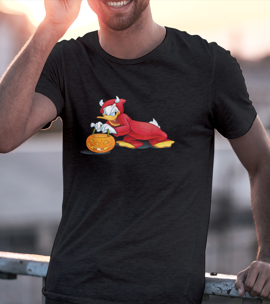 Donald Duck Devil Halloween Costume With Pumpkin Basket T-Shirt