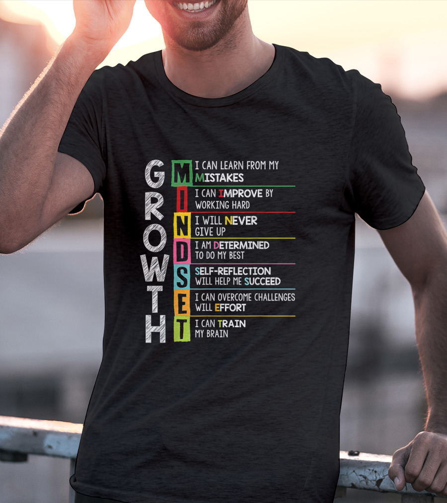Growth Mindset Mistakes Improve Hard Work Never Give Up Determined Self Reflection Succeed Overcome Challenges Train Brain T-Shirt