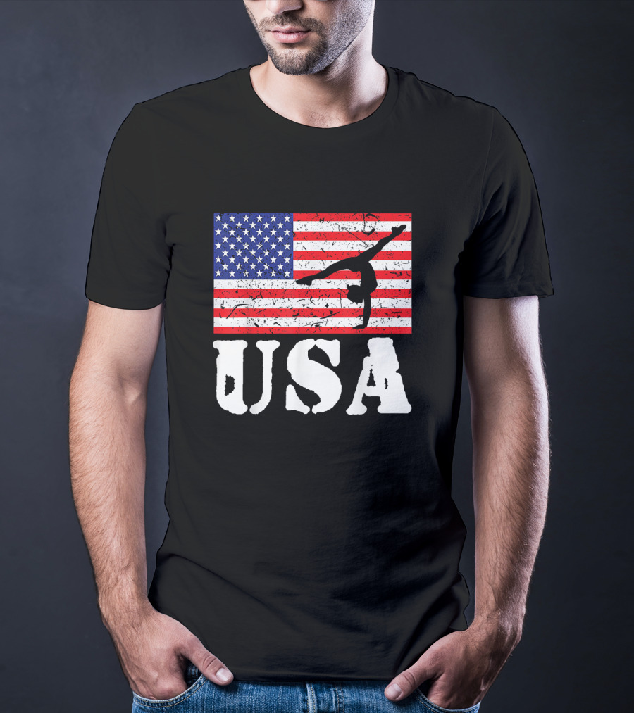 Distressed USA Flag Gymnastics Vintage Tumbling American Flag T-Shirt