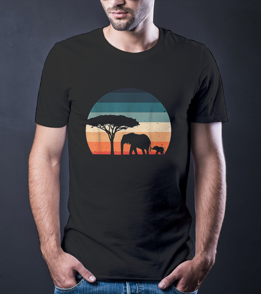 Elephant And Acacia Tree Silhouette Against Striped Vintage Sunset T-Shirt