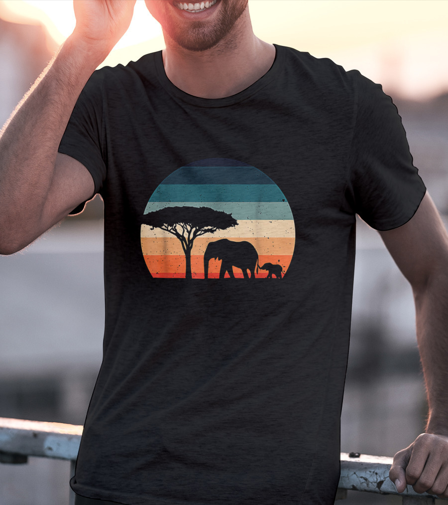 Elephant And Acacia Tree Silhouette Against Striped Vintage Sunset T-Shirt