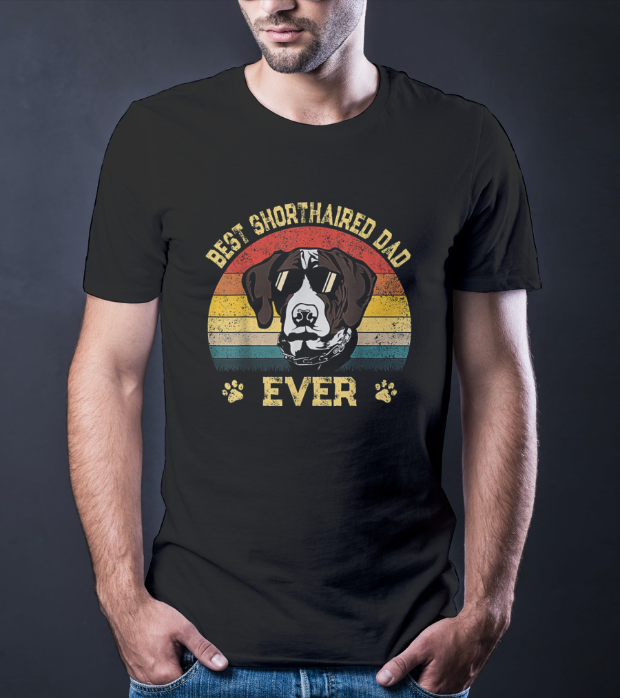 Best Shorthaired Dad Ever Retro Dog With Sunglasses And Paw Prints T-Shirt