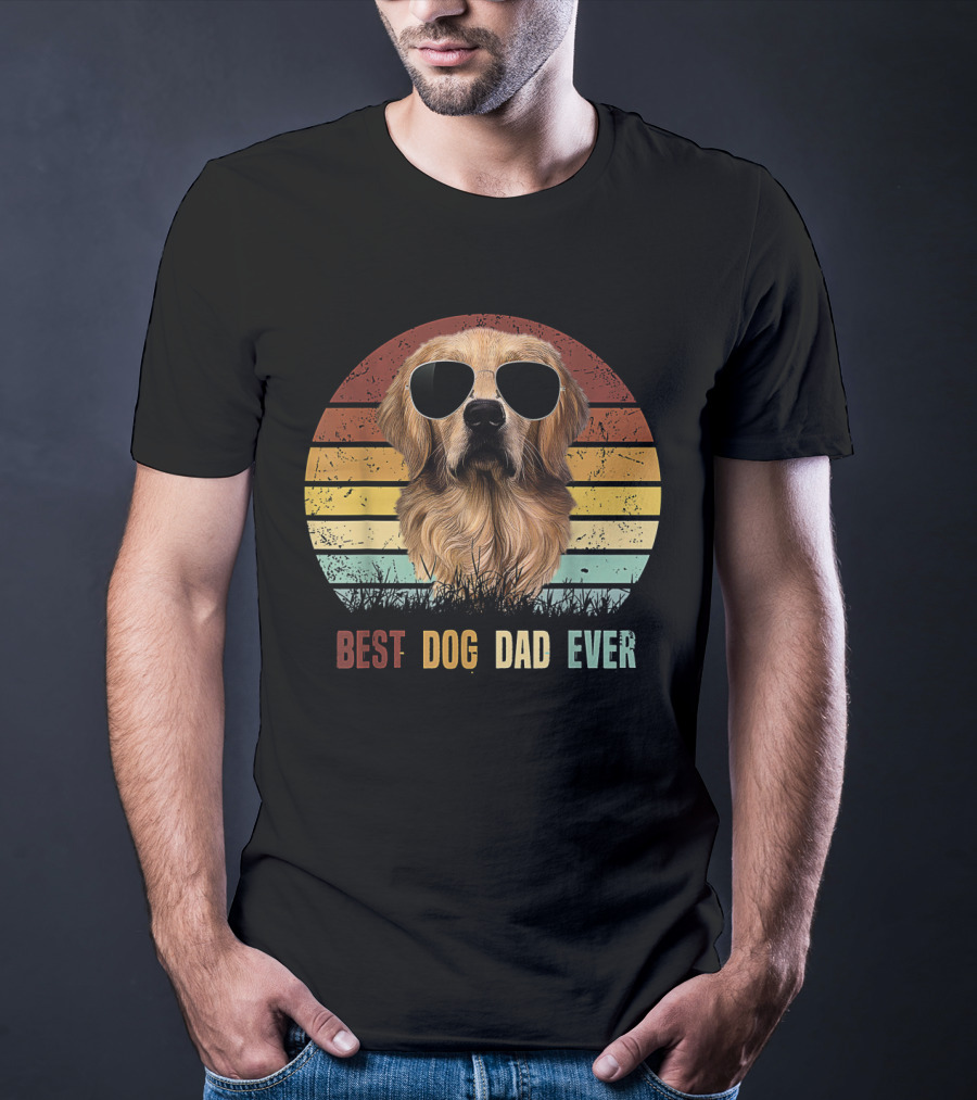 Golden Retriever With Sunglasses Best Dog Dad Ever Vintage Stripes T-Shirt