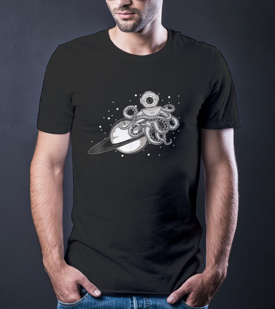 Steampunk Octopus With Diving Helmet Floating In Space By Ringed Planet T-Shirt