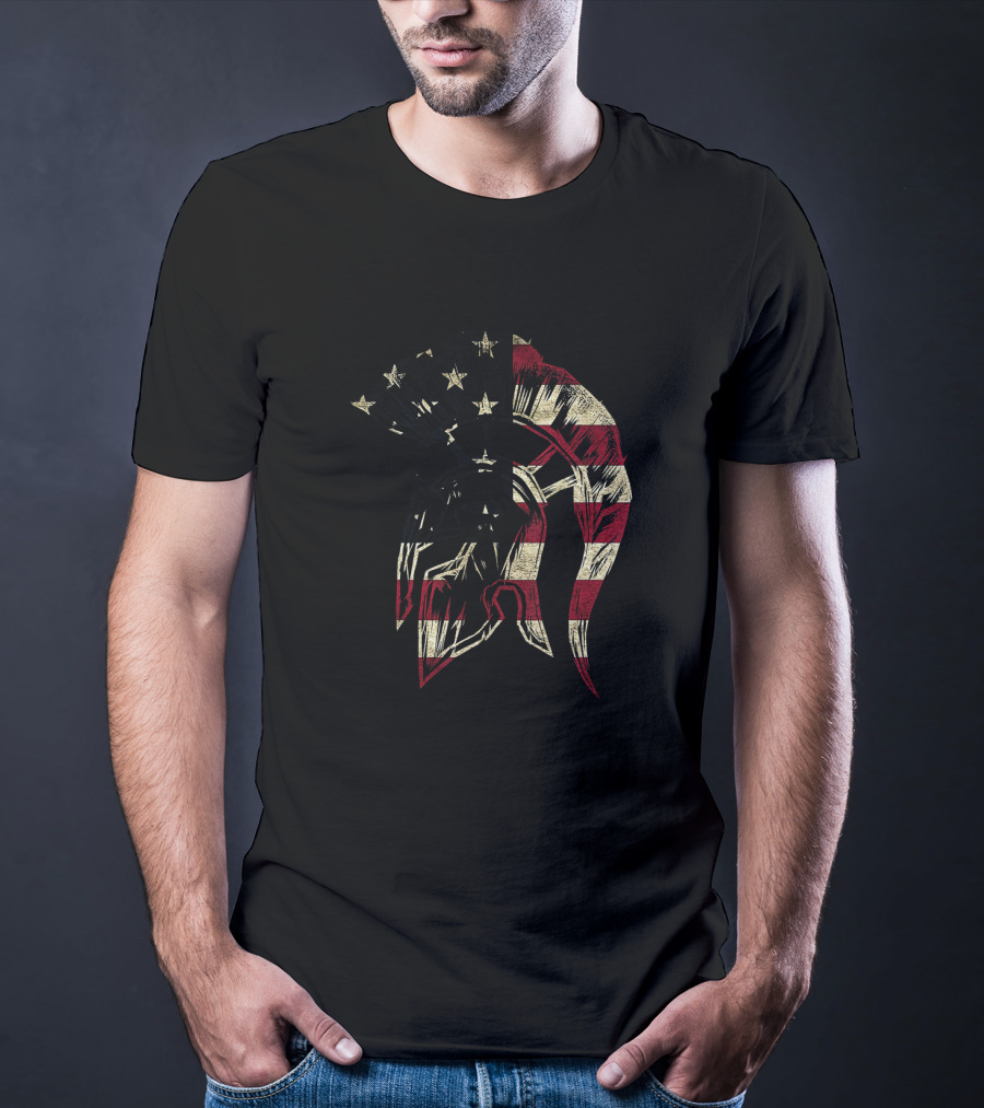 Spartan Trojan Warrior Helmet With American Flag Design And US Pride T-Shirt