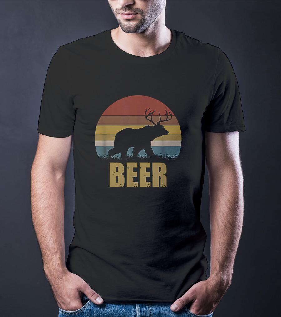 Retro Deer Bear Silhouette With Antlers Sunset Design Beer T-Shirt