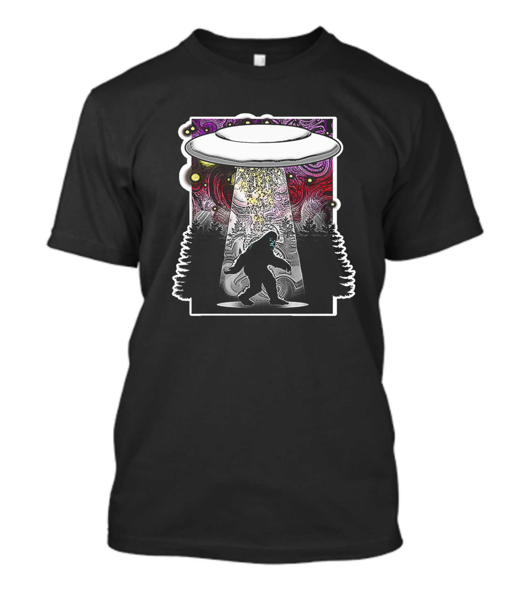 Extraterrestrial Flying Saucer Abducting Sasquatch In Psychedelic Forest Scene T-Shirt