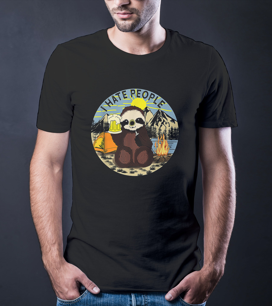 Sloth Holding Beer In Mountain Camping Scene With I Hate People Text T-Shirt