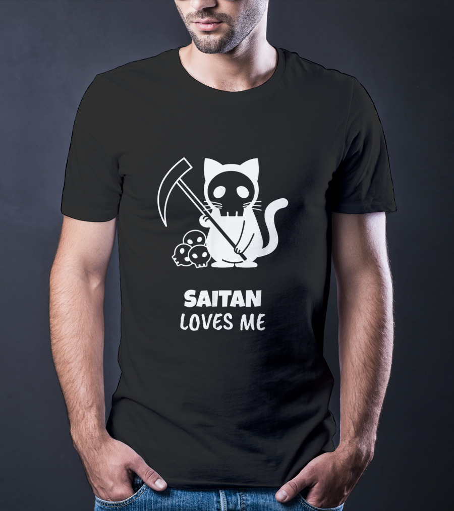 Saitan Katze Loves Me Cartoon Grim Reaper Skull 666 Der Tod T-Shirt