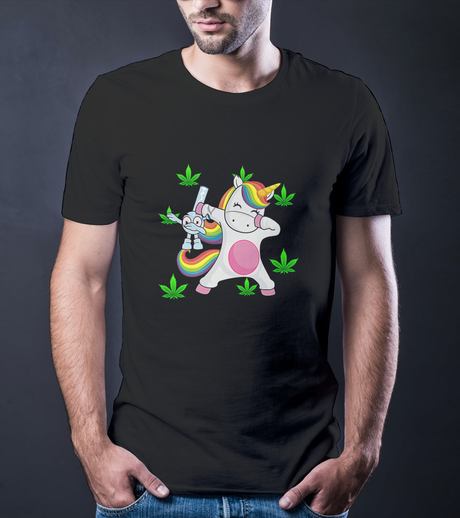 Unicorn Dab With Rainbow Bong Surrounded By Marijuana Leaves T-Shirt