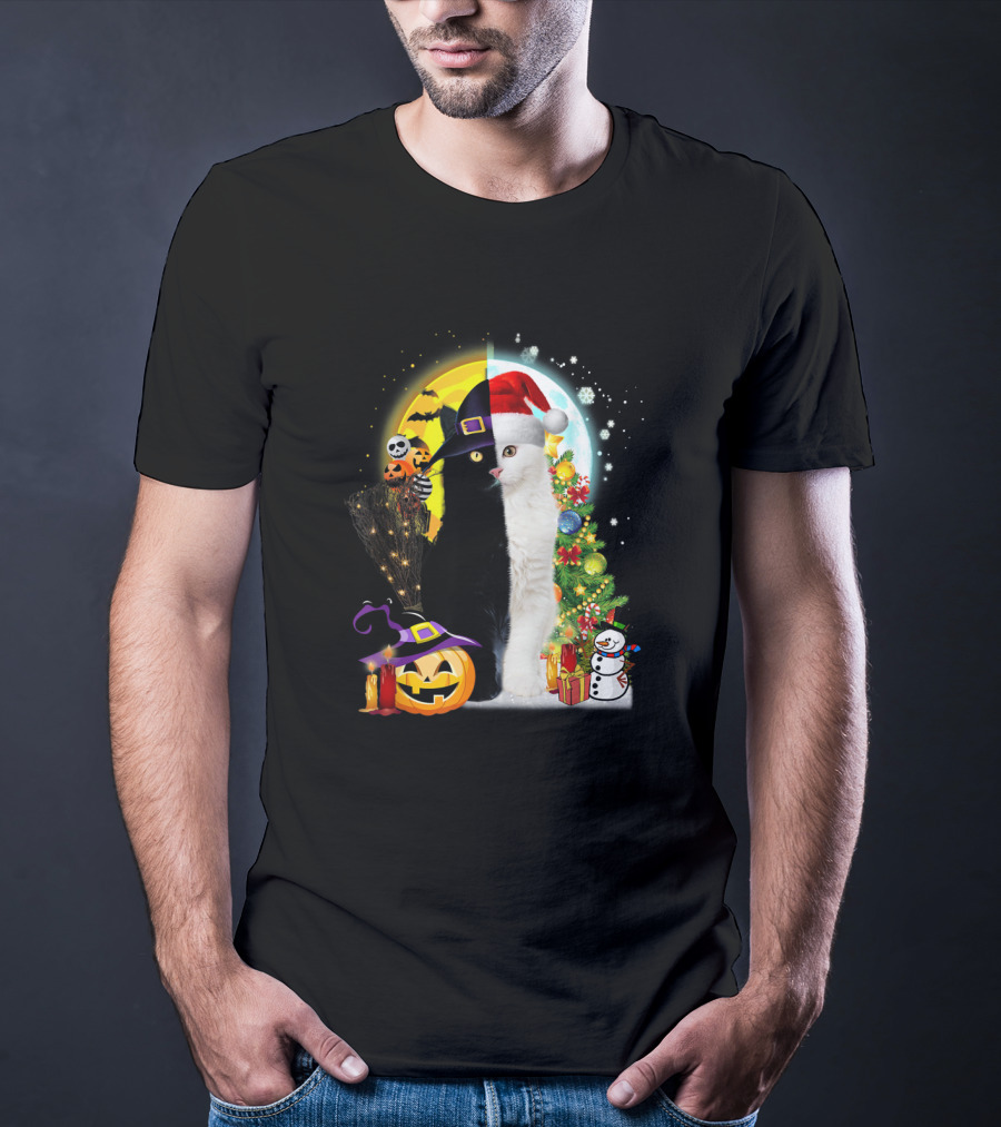 Black And White Cat Halloween Pumpkin Witch Hat And Merry Christmas Tree Santa Hat Snowman T-Shirt