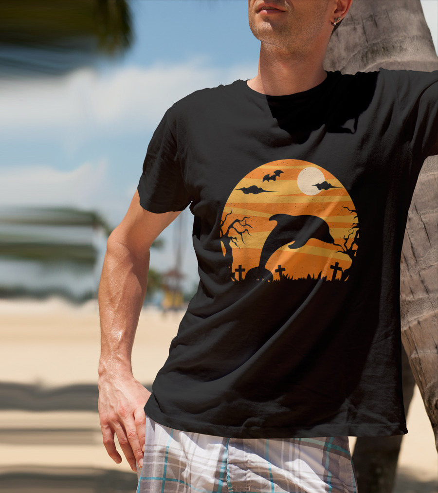 Dolphin Halloween Moon Graveyard Scene With Bats And Trees T-Shirt