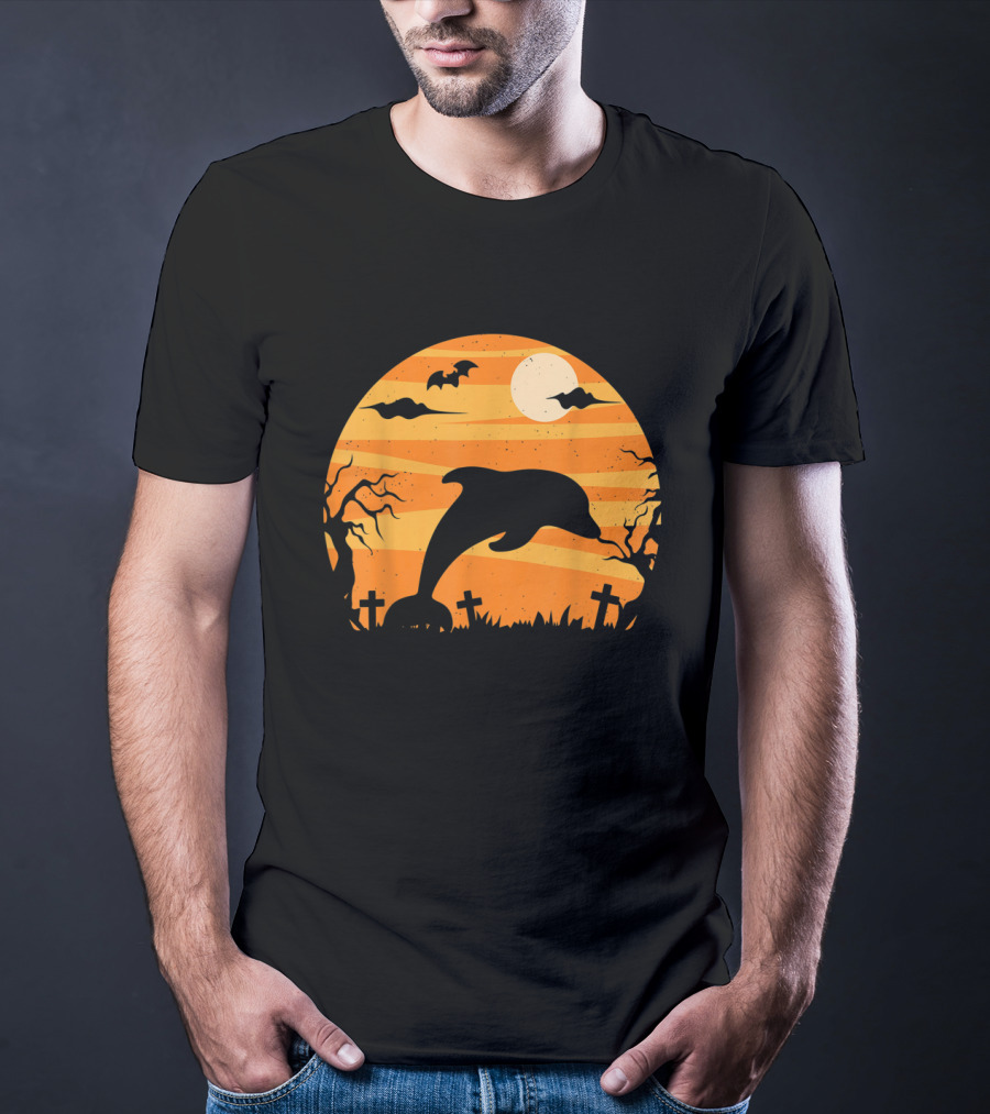 Dolphin Halloween Moon Graveyard Scene With Bats And Trees T-Shirt