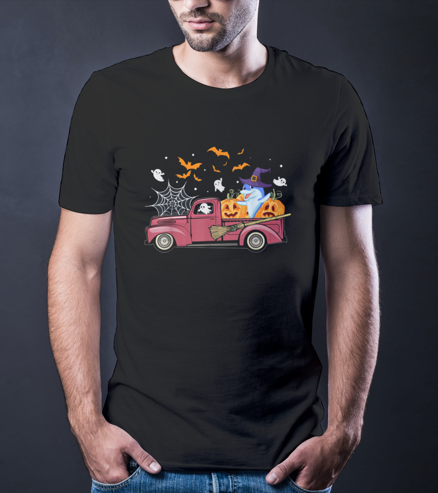 Halloween Ghost Dolphin Riding Red Truck With Pumpkins And Witch Hat T-Shirt
