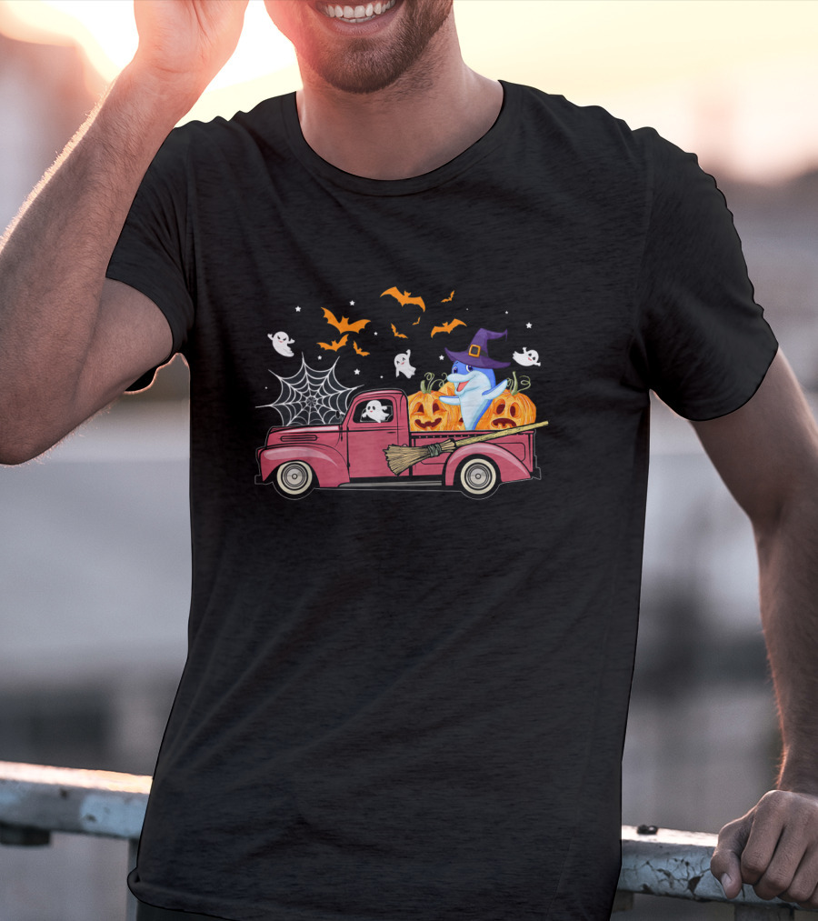 Halloween Ghost Dolphin Riding Red Truck With Pumpkins And Witch Hat T-Shirt