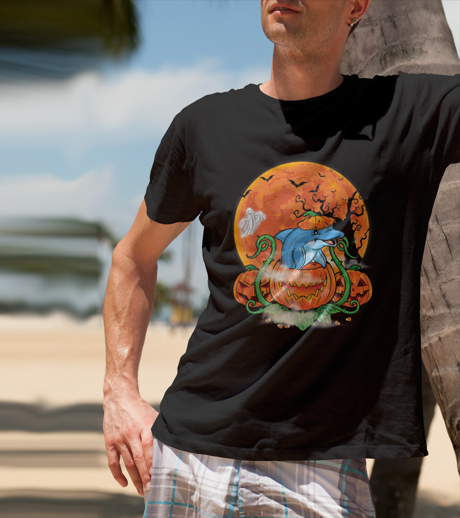 Dolphin Inside Pumpkin With Halloween Moon And Ghost T-Shirt