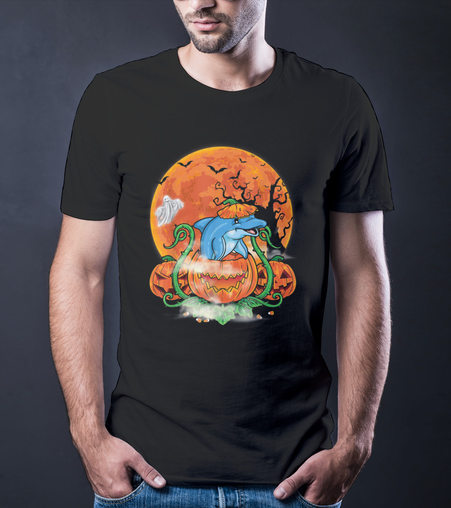 Dolphin Inside Pumpkin With Halloween Moon And Ghost T-Shirt
