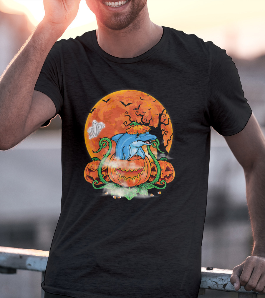 Dolphin Inside Pumpkin With Halloween Moon And Ghost T-Shirt