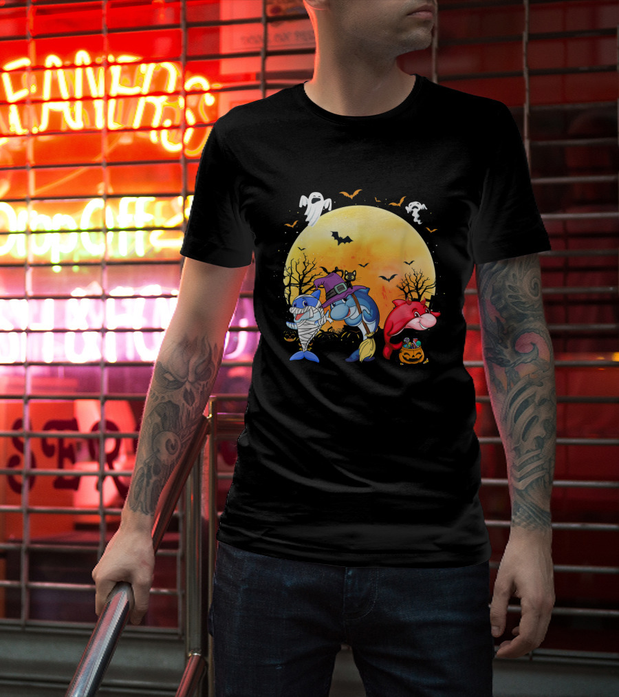 Halloween Dolphins: Mummy, Witch, And Devil With Ghosts And Bats T-Shirt