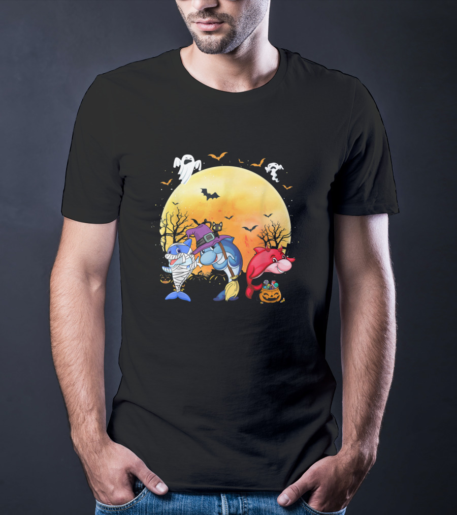 Halloween Dolphins: Mummy, Witch, And Devil With Ghosts And Bats T-Shirt