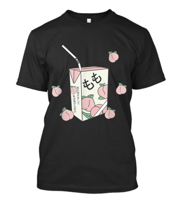 90s Japanese Aesthetic Otaku Anime Peach Juice Box With Kanji And Pastel Peaches T-Shirt