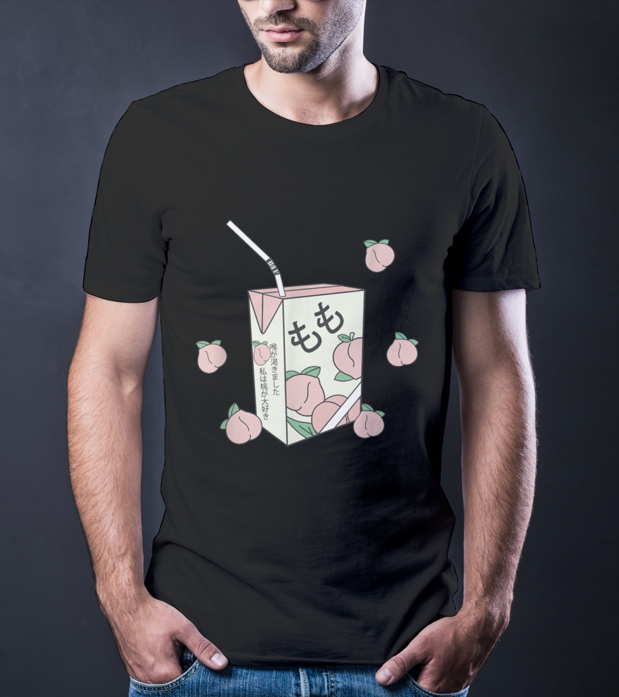 90s Japanese Aesthetic Otaku Anime Peach Juice Box With Kanji And Pastel Peaches T-Shirt