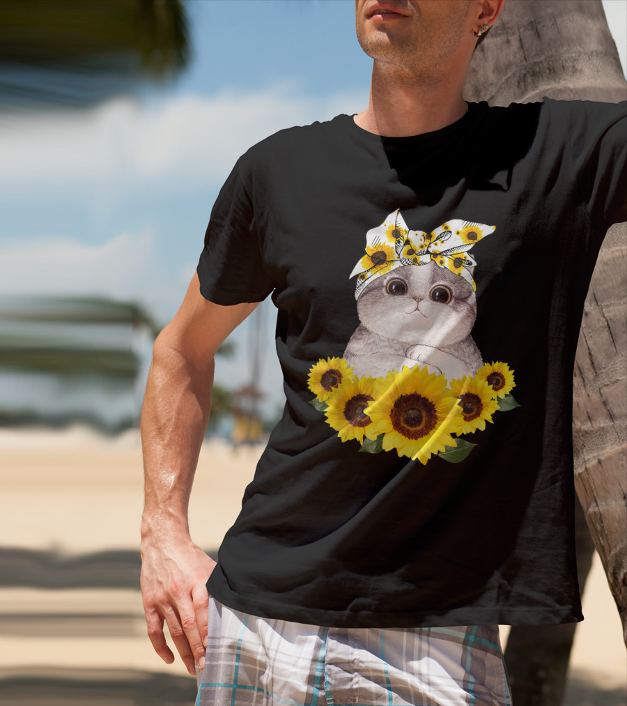 Sunflower Cat Headband Adorable Cats Lovers T-Shirt