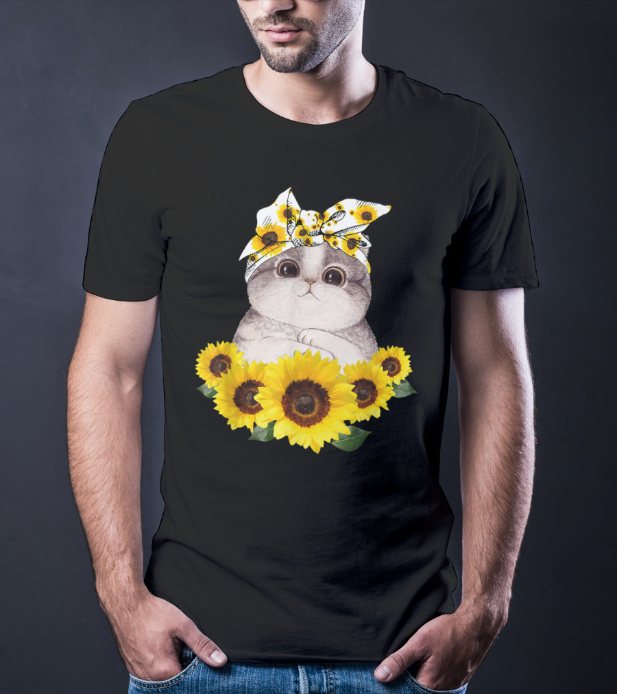 Sunflower Cat Headband Adorable Cats Lovers T-Shirt