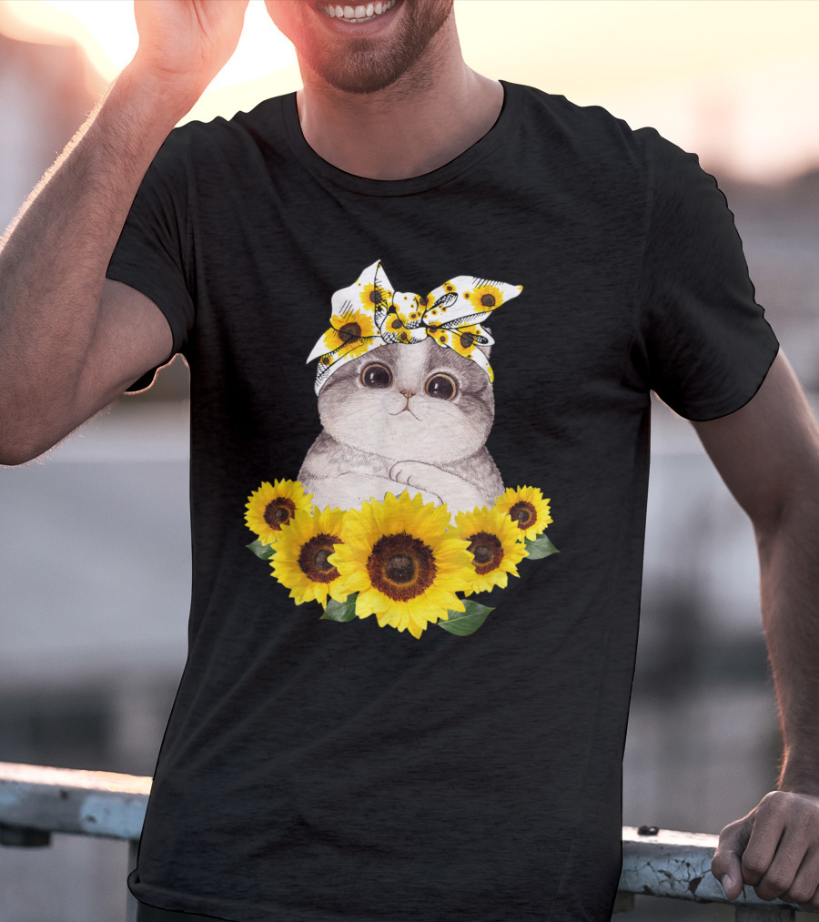 Sunflower Cat Headband Adorable Cats Lovers T-Shirt