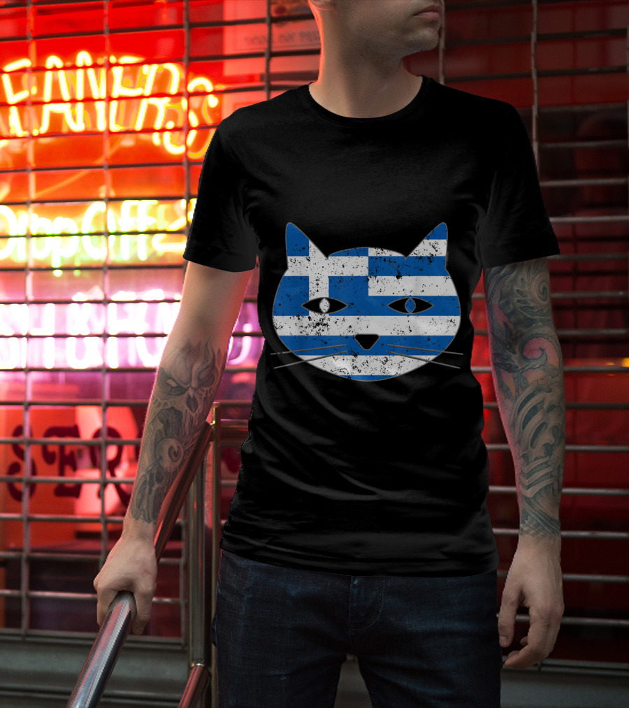 Greek Flag Cat Head Design For Cat Lovers T-Shirt