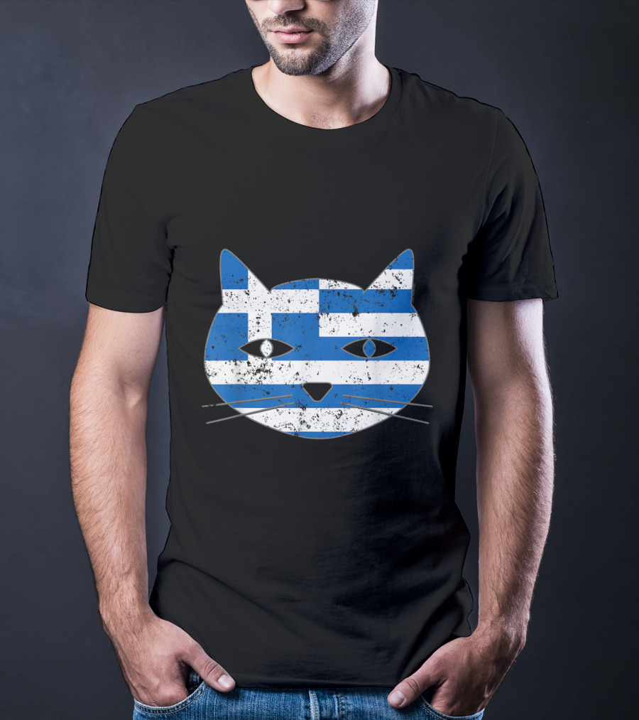 Greek Flag Cat Head Design For Cat Lovers T-Shirt