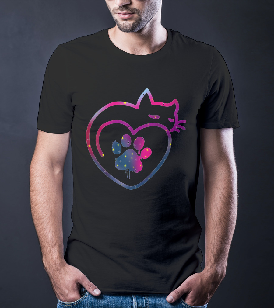 Cute Colorful Cat And Paw Heart Design For Kitty Lovers T-Shirt