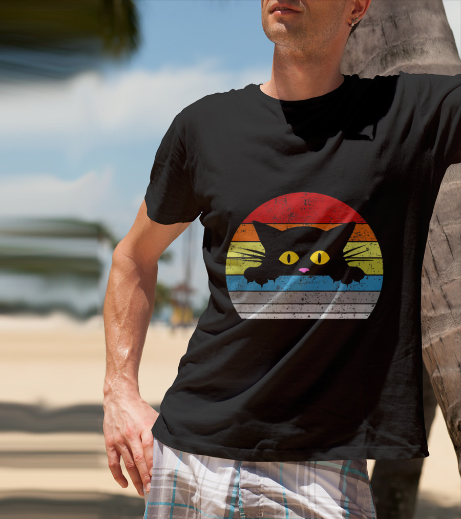 Vintage Rainbow Cat Peeking Retro 80s Style For Cat Lovers T-Shirt