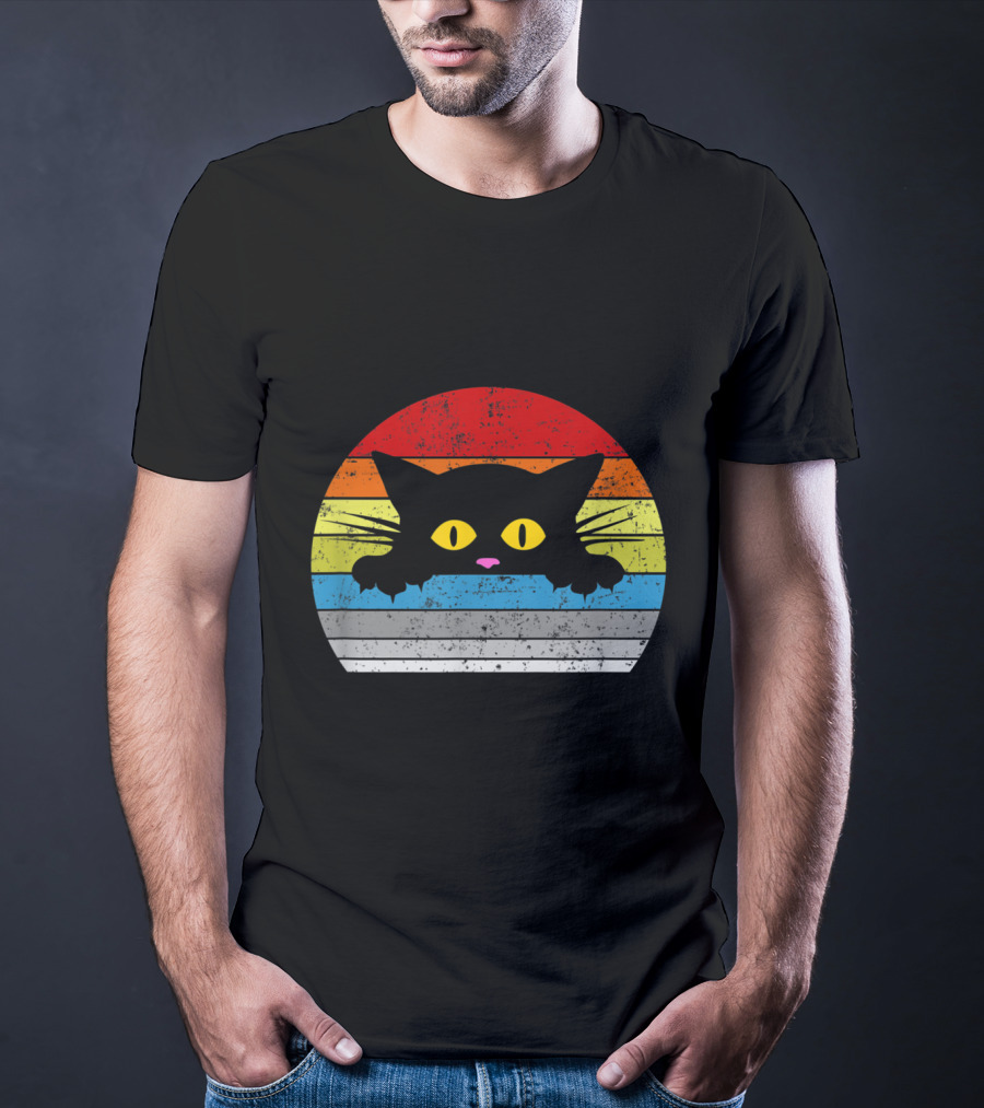 Vintage Rainbow Cat Peeking Retro 80s Style For Cat Lovers T-Shirt