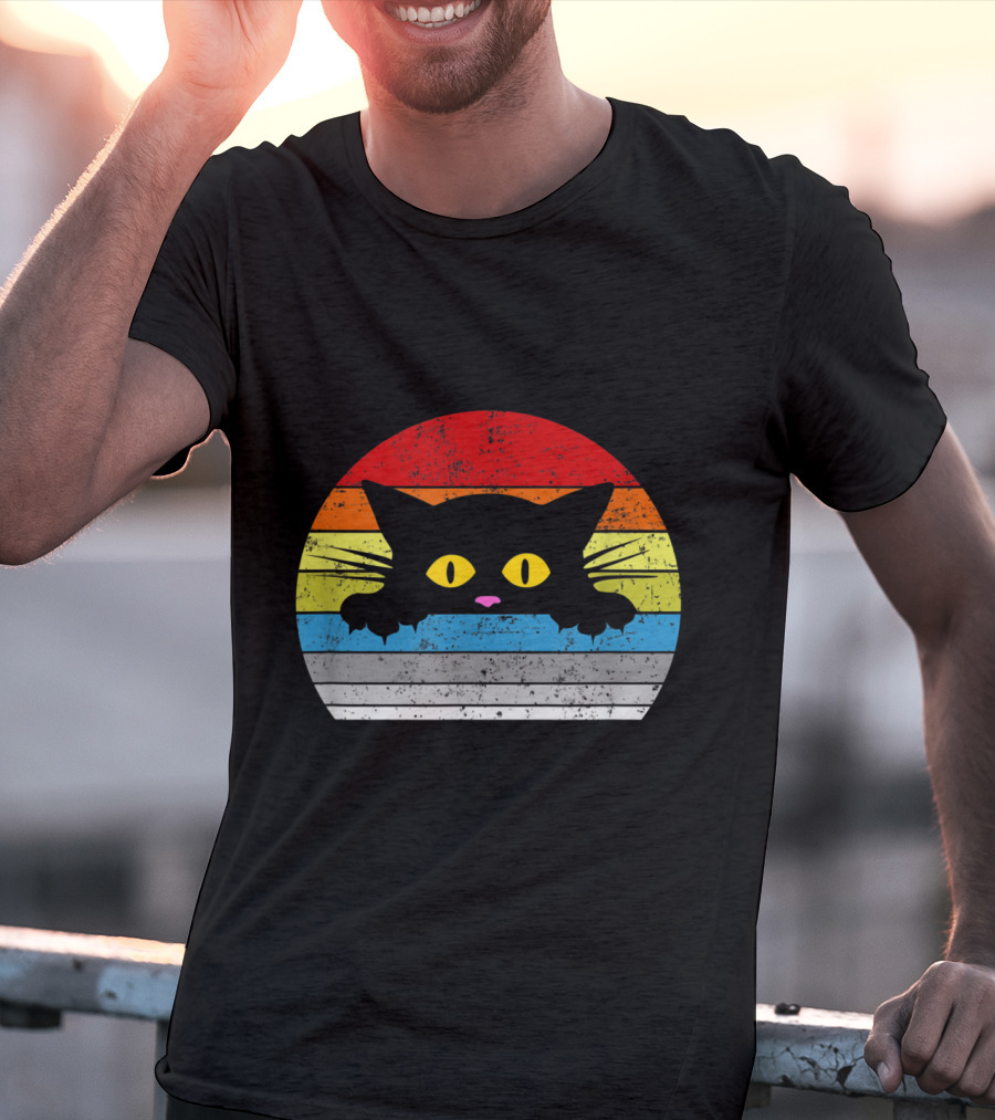 Vintage Rainbow Cat Peeking Retro 80s Style For Cat Lovers T-Shirt