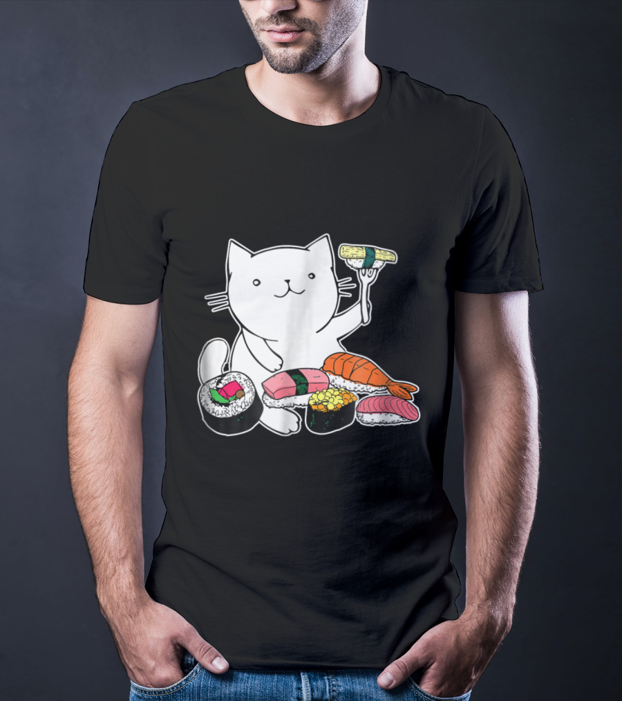 Playful Cat Enjoying Colorful Sushi Plate T-Shirt