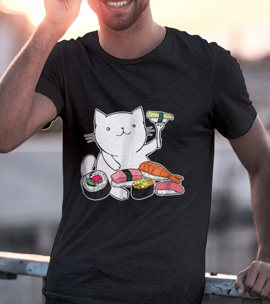 Playful Cat Enjoying Colorful Sushi Plate T-Shirt