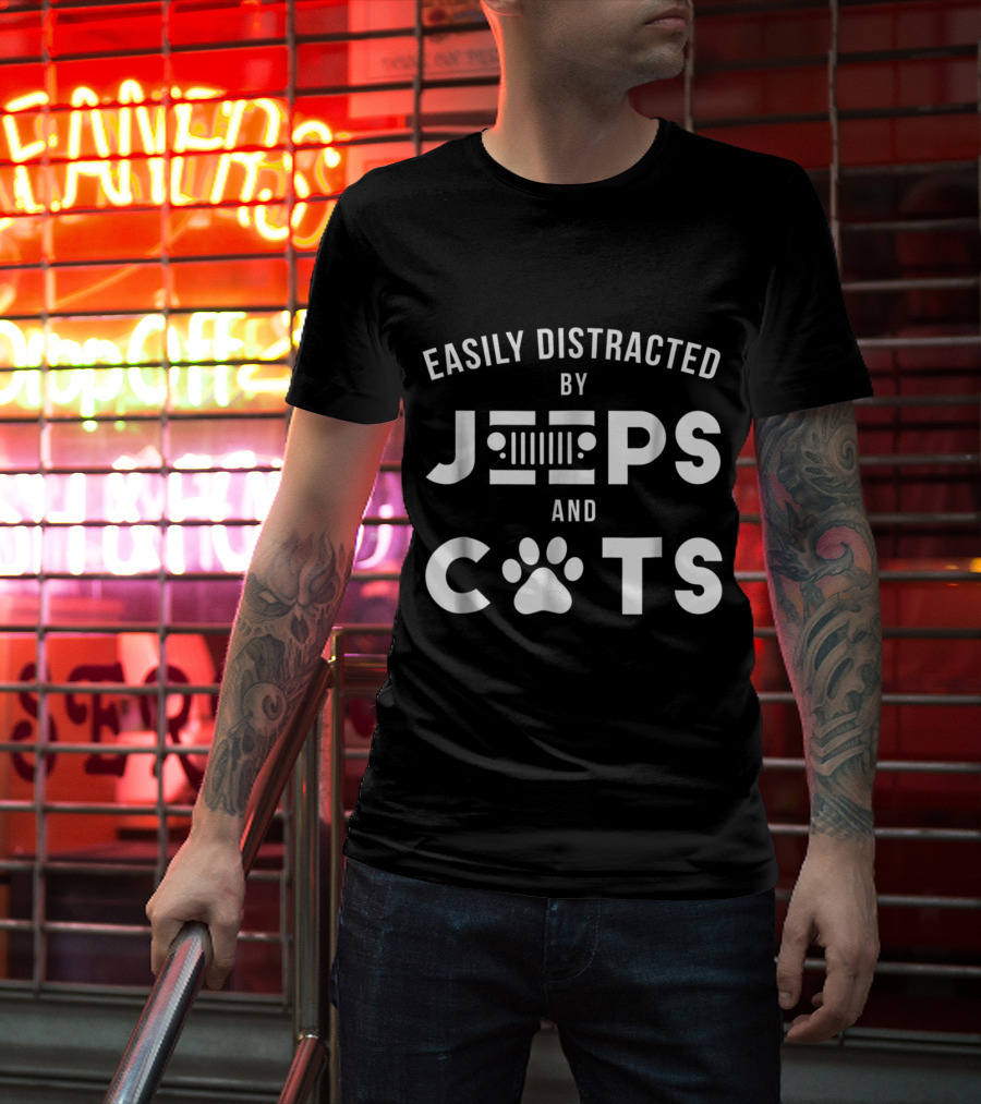 Easily Distracted By Jeeps Iconic Grille Design And Cats Paw Print Graphics T-Shirt